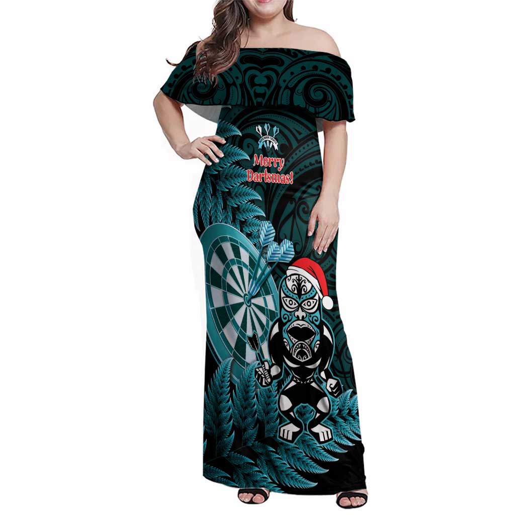 Personalised New Zealand Darts Christmas Family Matching Off Shoulder Maxi Dress and Hawaiian Shirt Maori Fern Merry Dartsmas LT14 Mom's Dress Cyan - Polynesian Pride