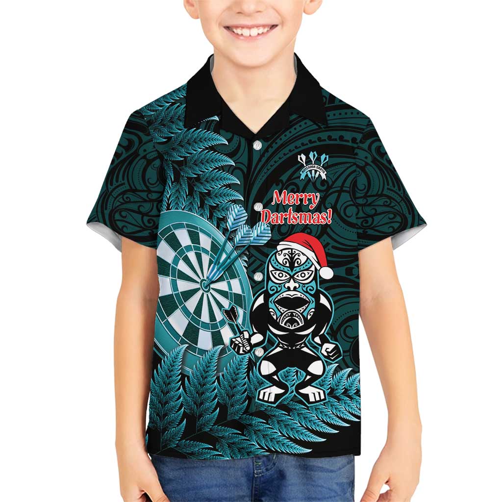 Personalised New Zealand Darts Christmas Family Matching Off Shoulder Maxi Dress and Hawaiian Shirt Maori Fern Merry Dartsmas LT14 Son's Shirt Cyan - Polynesian Pride