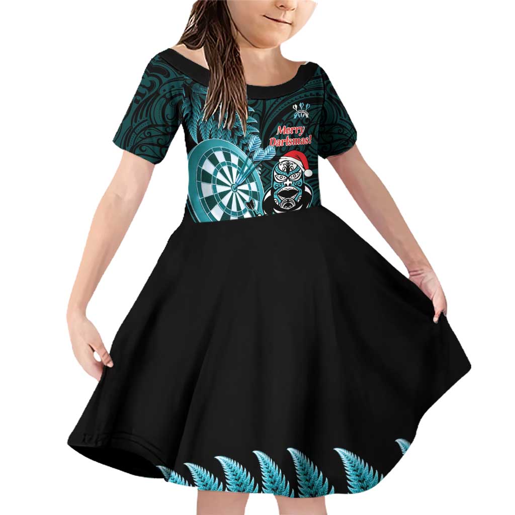 Personalised New Zealand Darts Christmas Family Matching Off Shoulder Short Dress and Hawaiian Shirt Maori Fern Merry Dartsmas LT14 Daughter's Dress Cyan - Polynesian Pride
