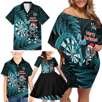 Personalised New Zealand Darts Christmas Family Matching Off Shoulder Short Dress and Hawaiian Shirt Maori Fern Merry Dartsmas LT14 - Polynesian Pride