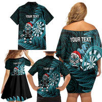 Personalised New Zealand Darts Christmas Family Matching Off Shoulder Short Dress and Hawaiian Shirt Maori Fern Merry Dartsmas LT14 - Polynesian Pride
