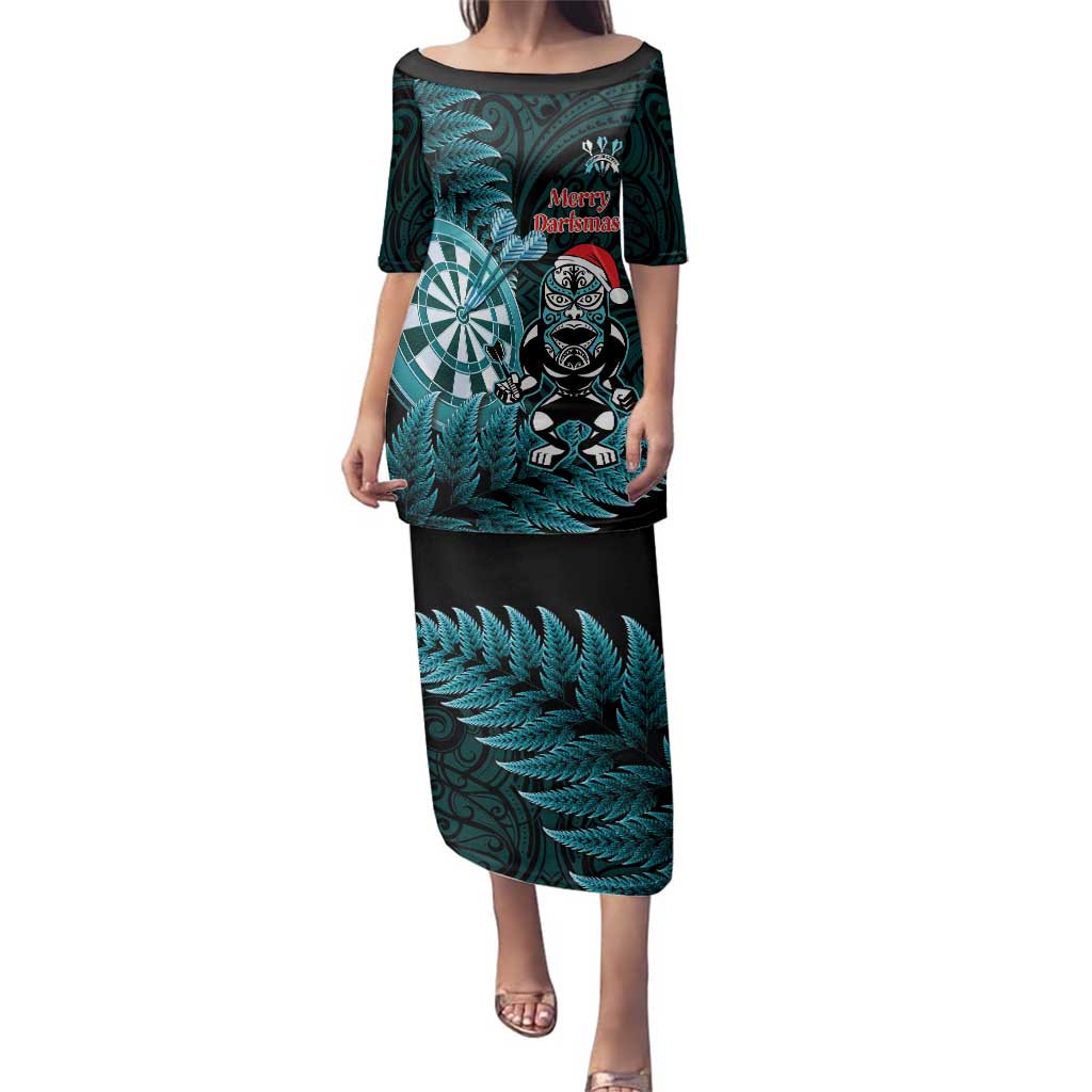 Personalised New Zealand Darts Christmas Family Matching Puletasi and Hawaiian Shirt Maori Fern Merry Dartsmas LT14 Mom's Dress Cyan - Polynesian Pride