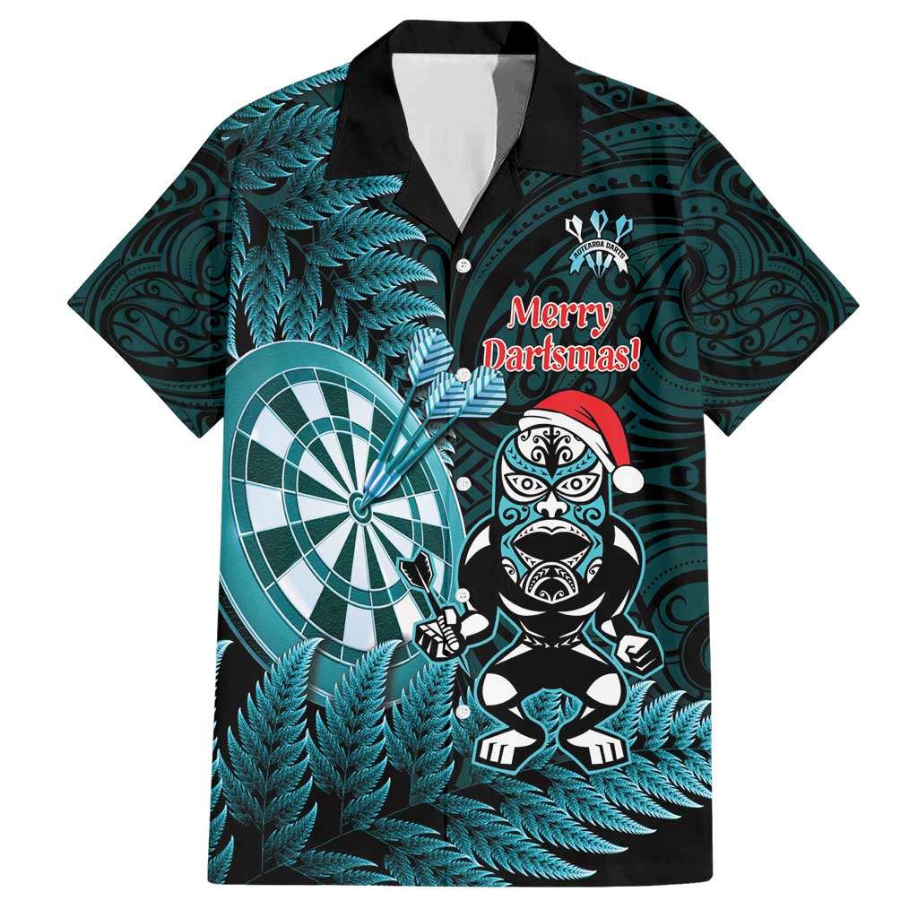 Personalised New Zealand Darts Christmas Family Matching Short Sleeve Bodycon Dress and Hawaiian Shirt Maori Fern Merry Dartsmas LT14 Dad's Shirt - Short Sleeve Cyan - Polynesian Pride