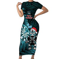 Personalised New Zealand Darts Christmas Family Matching Short Sleeve Bodycon Dress and Hawaiian Shirt Maori Fern Merry Dartsmas LT14 Mom's Dress Cyan - Polynesian Pride