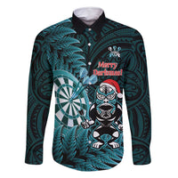 Personalised New Zealand Darts Christmas Family Matching Tank Maxi Dress and Hawaiian Shirt Maori Fern Merry Dartsmas LT14 Dad's Shirt - Long Sleeve Cyan - Polynesian Pride