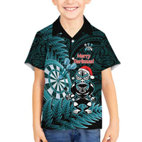 Personalised New Zealand Darts Christmas Family Matching Tank Maxi Dress and Hawaiian Shirt Maori Fern Merry Dartsmas LT14 Son's Shirt Cyan - Polynesian Pride