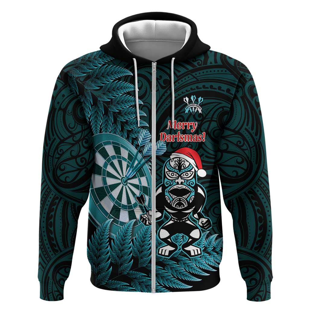 Personalised New Zealand Darts Christmas Hoodie Maori Fern Merry Dartsmas LT14 Zip Hoodie Cyan - Polynesian Pride