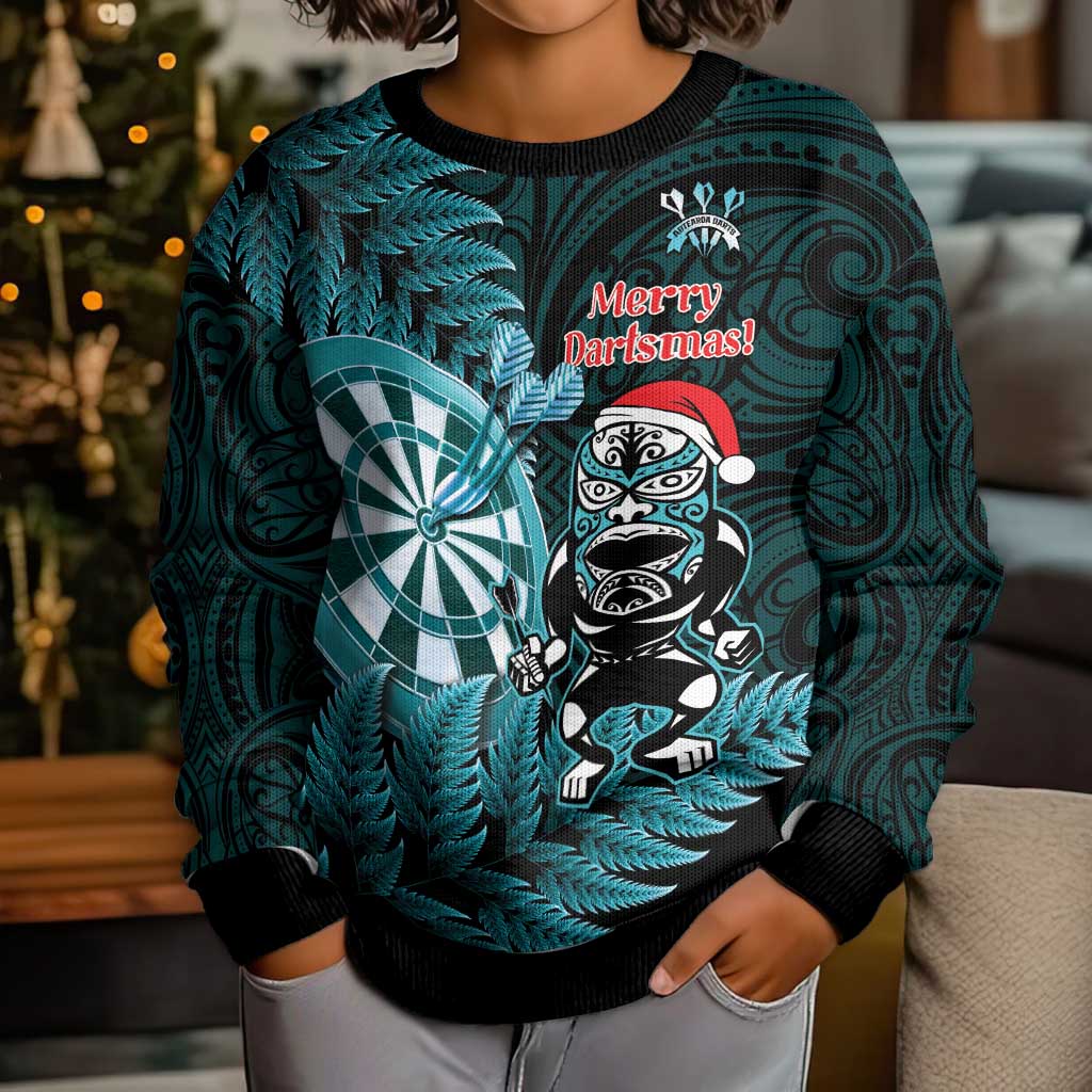 Personalised New Zealand Darts Christmas Kid Ugly Christmas Sweater Maori Fern Merry Dartsmas LT14 - Polynesian Pride
