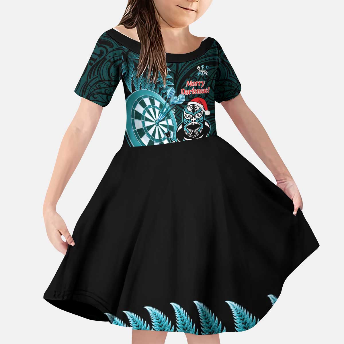 Personalised New Zealand Darts Christmas Kid Short Sleeve Dress Maori Fern Merry Dartsmas LT14 KID Cyan - Polynesian Pride