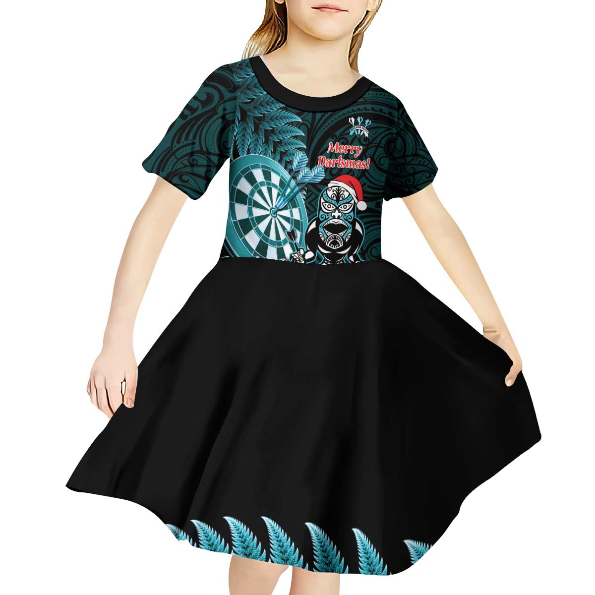 Personalised New Zealand Darts Christmas Kid Short Sleeve Dress Maori Fern Merry Dartsmas LT14 - Polynesian Pride