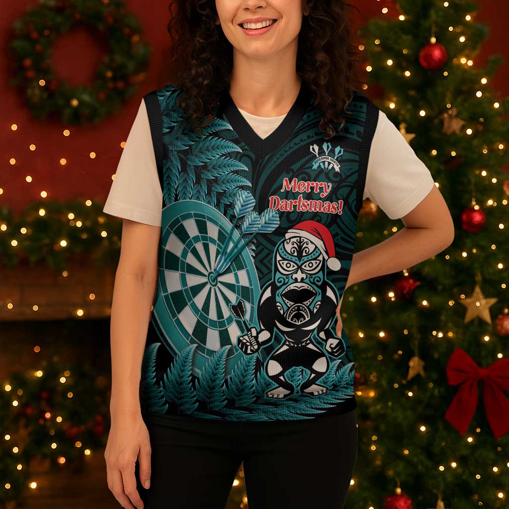 Personalised New Zealand Darts Christmas Knitted V-Neck Vest Maori Fern Merry Dartsmas LT14 - Polynesian Pride