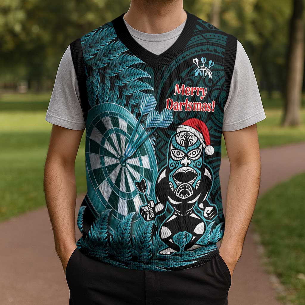 Personalised New Zealand Darts Christmas Knitted V-Neck Vest Maori Fern Merry Dartsmas LT14 - Polynesian Pride