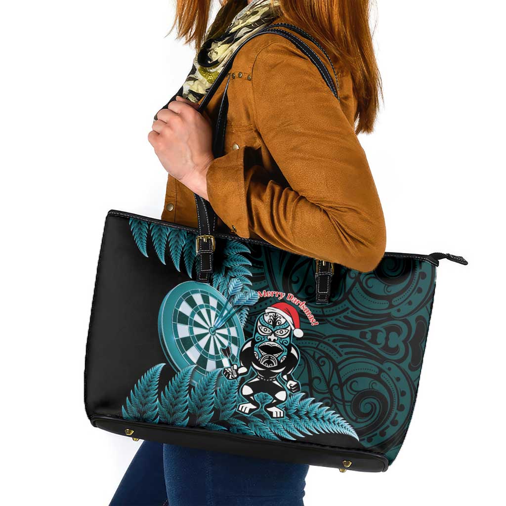 New Zealand Darts Christmas Leather Tote Bag Maori Fern Merry Dartsmas LT14 Cyan - Polynesian Pride