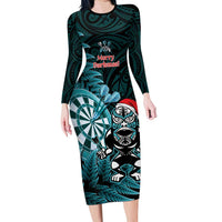 Personalised New Zealand Darts Christmas Long Sleeve Bodycon Dress Maori Fern Merry Dartsmas LT14 Long Dress Cyan - Polynesian Pride