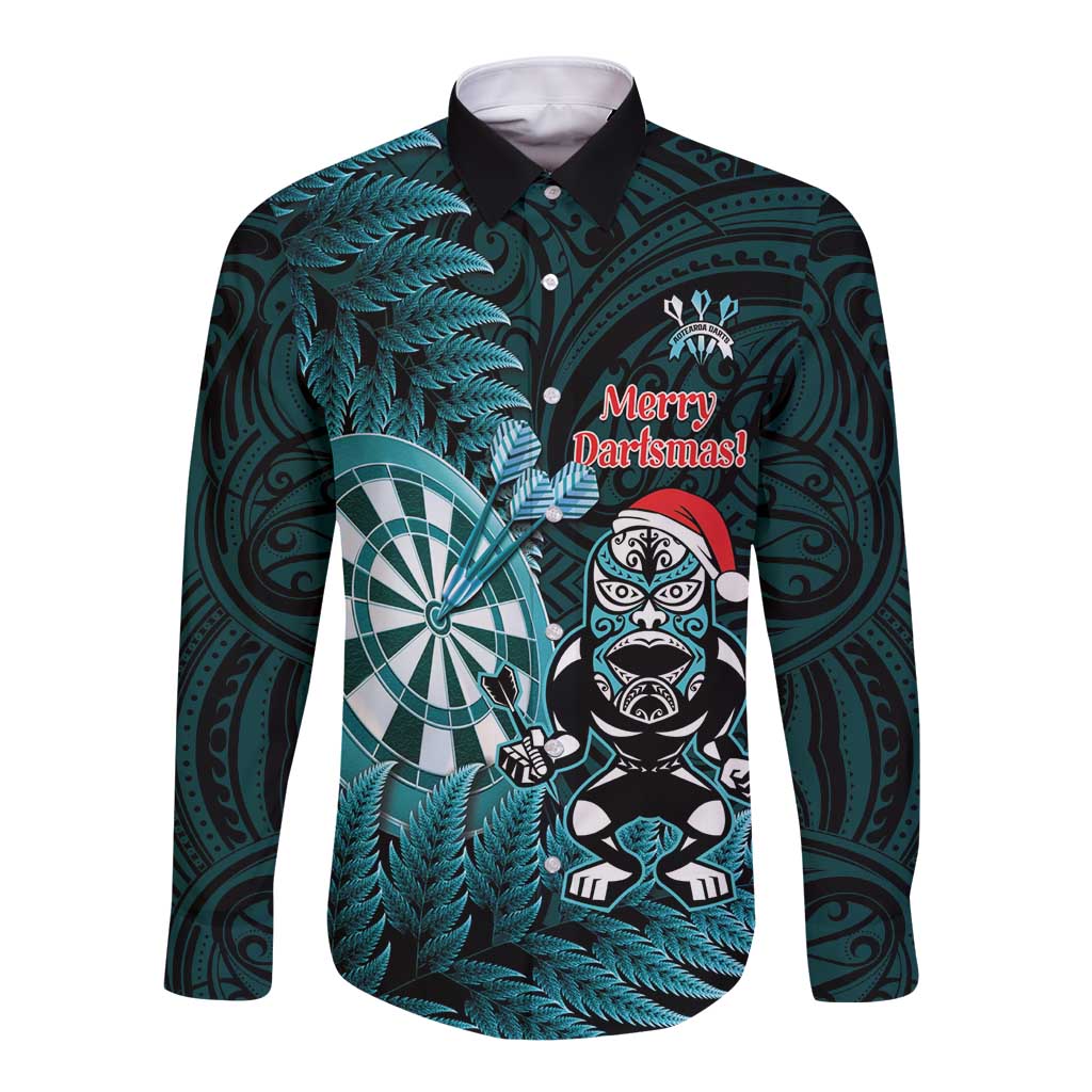Personalised New Zealand Darts Christmas Long Sleeve Button Shirt Maori Fern Merry Dartsmas LT14 Unisex Cyan - Polynesian Pride