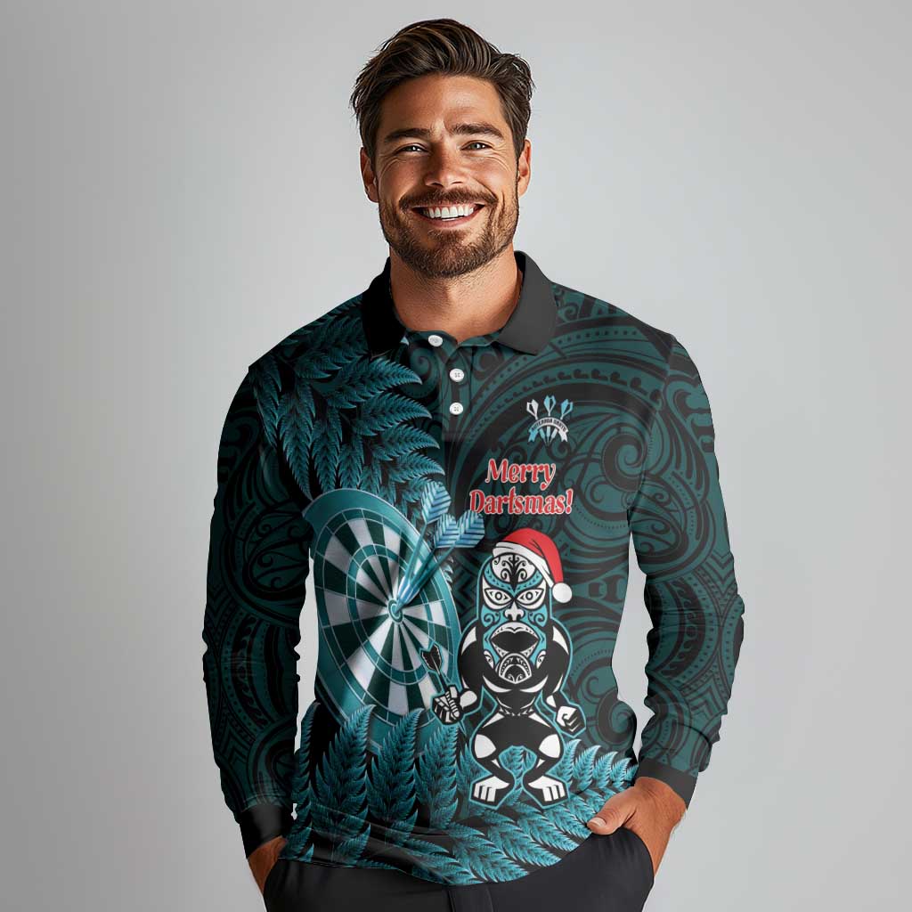 Personalised New Zealand Darts Christmas Long Sleeve Polo Shirt Maori Fern Merry Dartsmas LT14 - Polynesian Pride