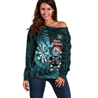 Personalised New Zealand Darts Christmas Off Shoulder Sweater Maori Fern Merry Dartsmas LT14 Women Cyan - Polynesian Pride