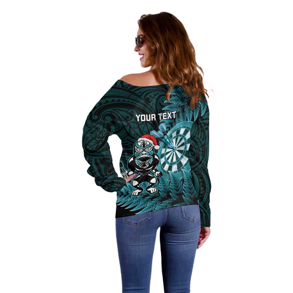 Personalised New Zealand Darts Christmas Off Shoulder Sweater Maori Fern Merry Dartsmas LT14 - Polynesian Pride