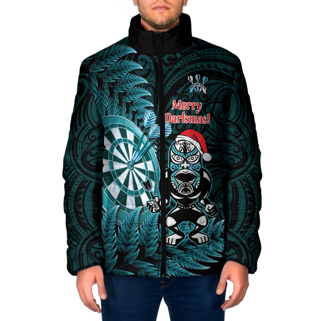 Personalised New Zealand Darts Christmas Padded Jacket Maori Fern Merry Dartsmas LT14 Men Cyan - Polynesian Pride