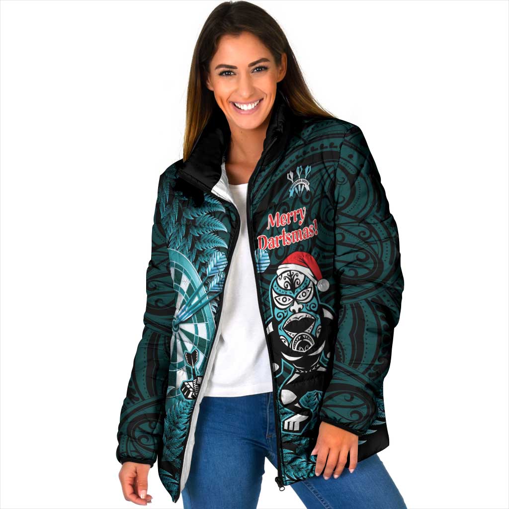Personalised New Zealand Darts Christmas Padded Jacket Maori Fern Merry Dartsmas LT14 Women Cyan - Polynesian Pride