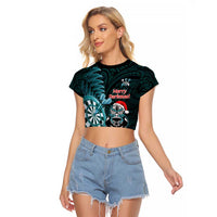 Personalised New Zealand Darts Christmas Raglan Cropped T Shirt Maori Fern Merry Dartsmas LT14 Female Cyan - Polynesian Pride