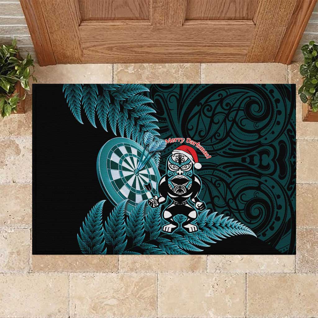 New Zealand Darts Christmas Rubber Doormat Maori Fern Merry Dartsmas LT14 Cyan - Polynesian Pride