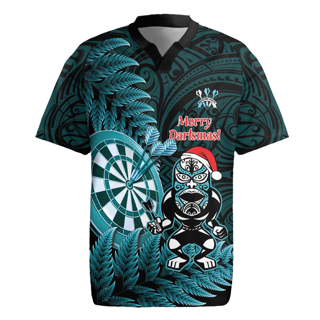Personalised New Zealand Darts Christmas Rugby Jersey Maori Fern Merry Dartsmas LT14 Cyan - Polynesian Pride