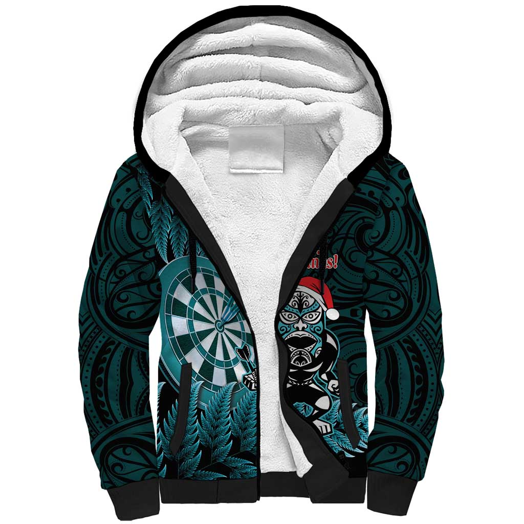 Personalised New Zealand Darts Christmas Sherpa Hoodie Maori Fern Merry Dartsmas - Polynesian Pride