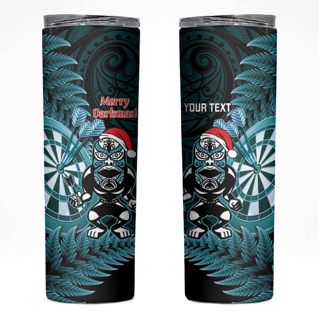 Personalised New Zealand Darts Christmas Skinny Tumbler Maori Fern Merry Dartsmas LT14 Cyan - Polynesian Pride