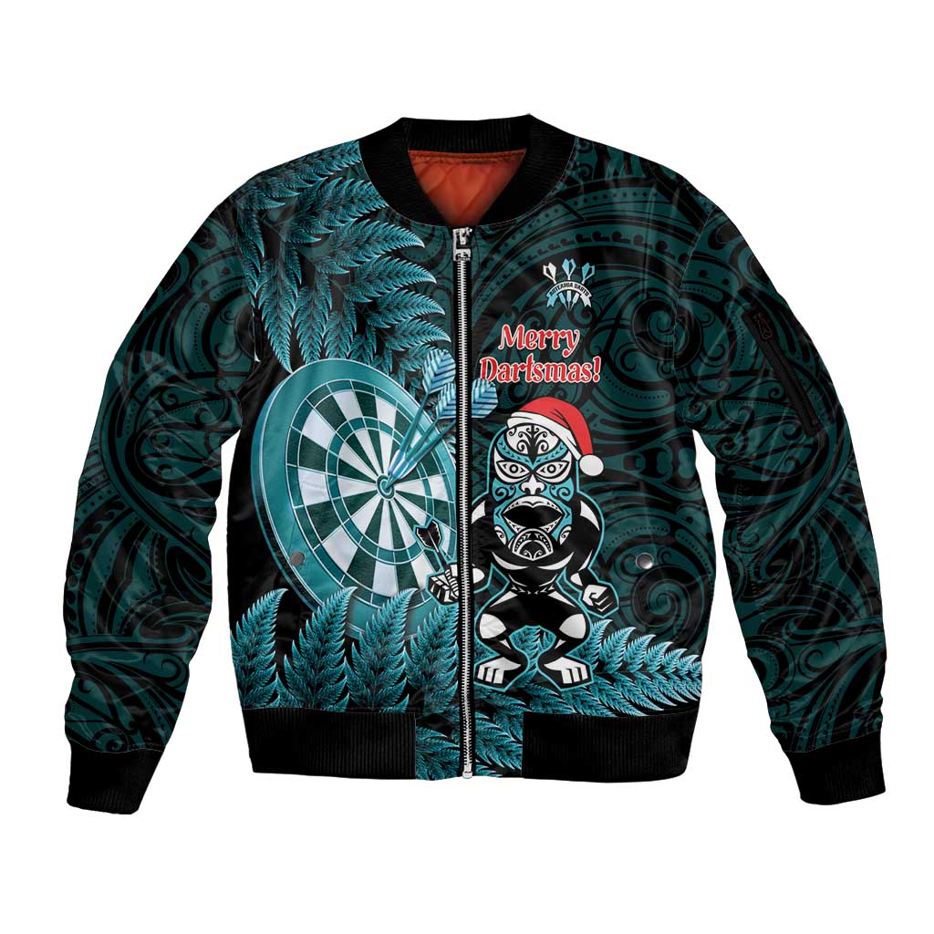 Personalised New Zealand Darts Christmas Sleeve Zip Bomber Jacket Maori Fern Merry Dartsmas LT14 Unisex Cyan - Polynesian Pride
