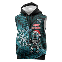 Personalised New Zealand Darts Christmas Sleeveless Zip Hoodie Maori Fern Merry Dartsmas LT14 Cyan - Polynesian Pride