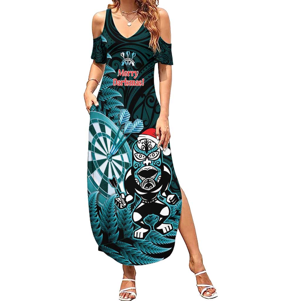 Personalised New Zealand Darts Christmas Summer Maxi Dress Maori Fern Merry Dartsmas LT14 Women Cyan - Polynesian Pride