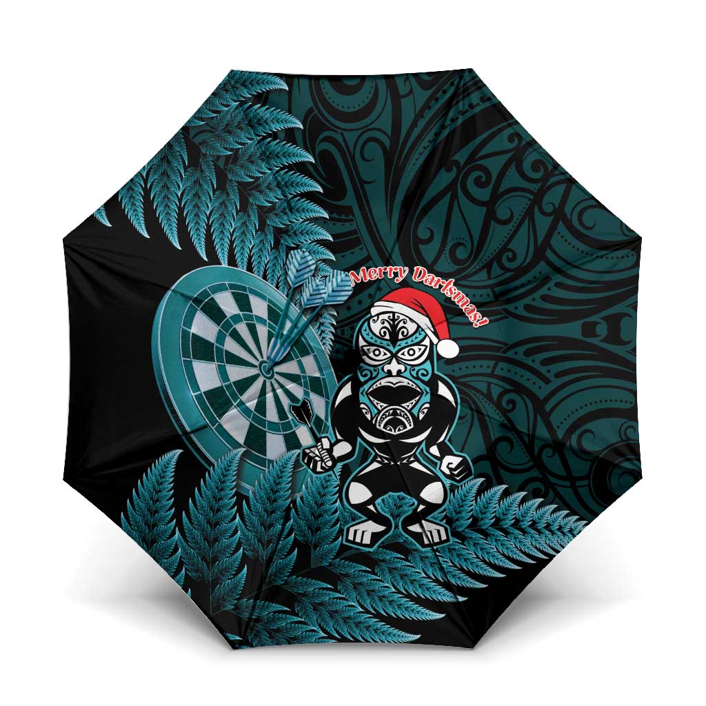 New Zealand Darts Christmas Umbrella Maori Fern Merry Dartsmas LT14 One Size Folded 11.42 inch Opened Diameter 37.4 inch Cyan - Polynesian Pride