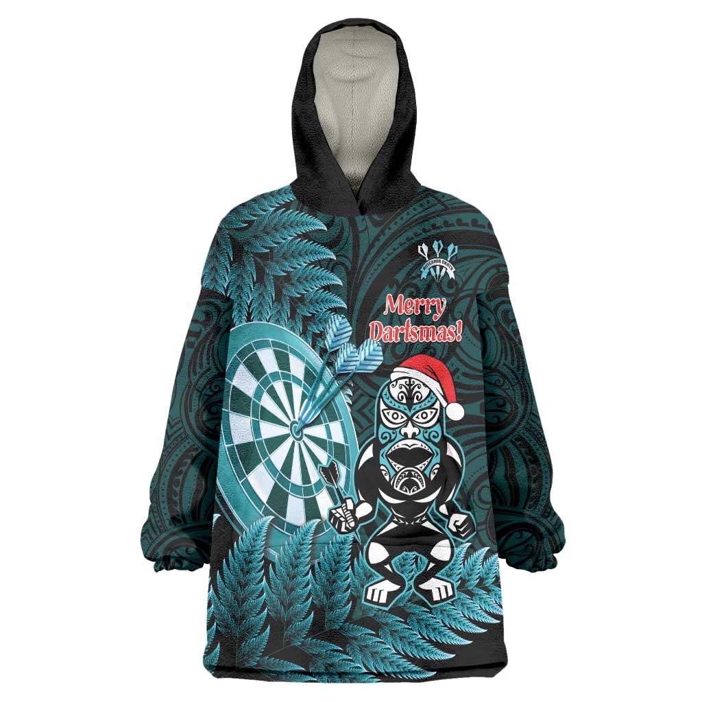 Personalised New Zealand Darts Christmas Wearable Blanket Hoodie Maori Fern Merry Dartsmas LT14 One Size Cyan - Polynesian Pride