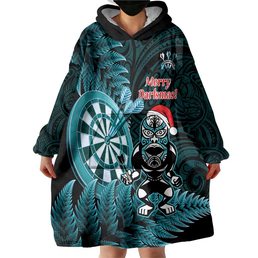 Personalised New Zealand Darts Christmas Wearable Blanket Hoodie Maori Fern Merry Dartsmas LT14 - Polynesian Pride