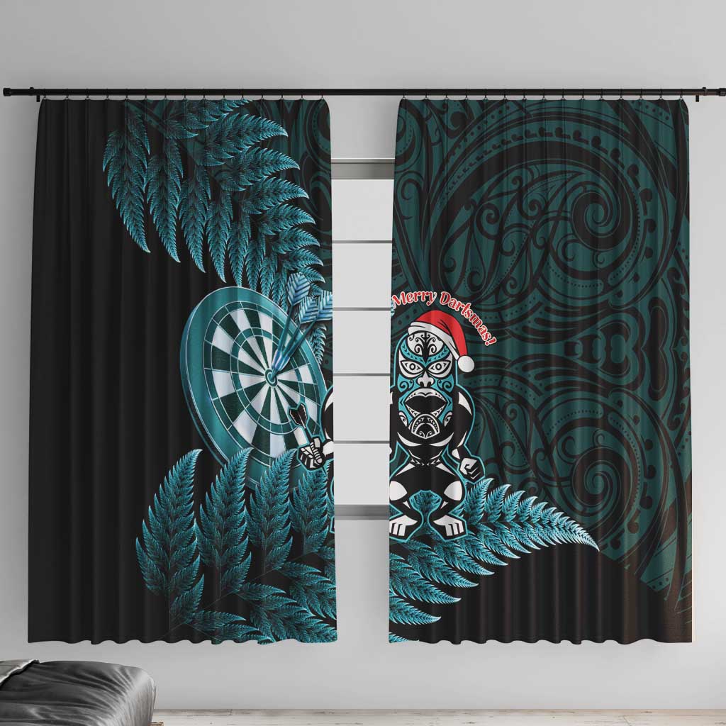 New Zealand Darts Christmas Window Curtain Maori Fern Merry Dartsmas LT14 With Hooks Cyan - Polynesian Pride