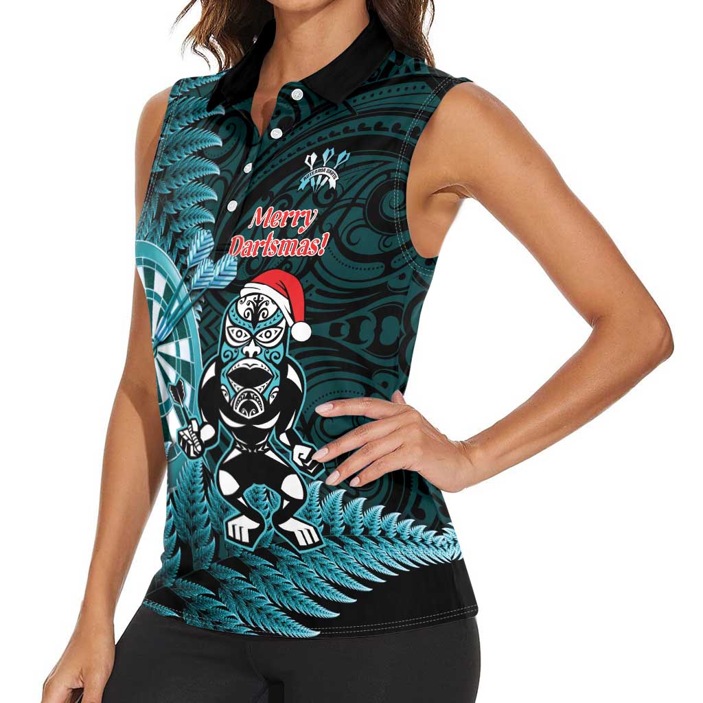 Personalised New Zealand Darts Christmas Women Sleeveless Polo Shirt Maori Fern Merry Dartsmas LT14 - Polynesian Pride