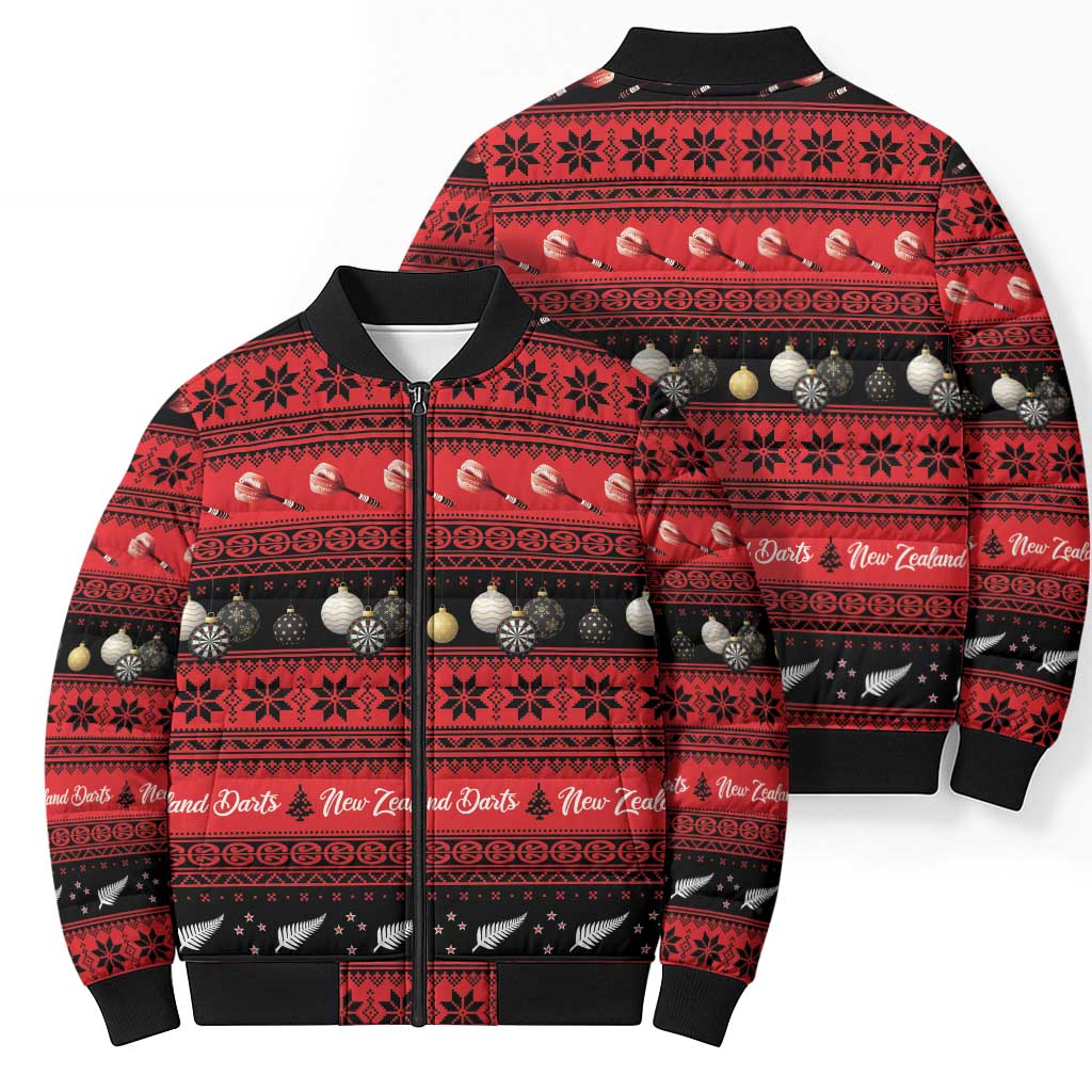 New Zealand Darts Christmas Bomber Puffer Jacket Merry Xmas Aotearoa Maori Red - Polynesian Pride