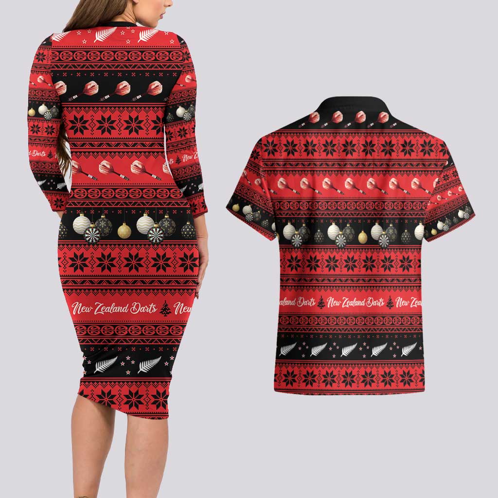New Zealand Darts Christmas Couples Matching Long Sleeve Bodycon Dress and Hawaiian Shirt Merry Xmas Aotearoa Maori Red LT14 - Polynesian Pride
