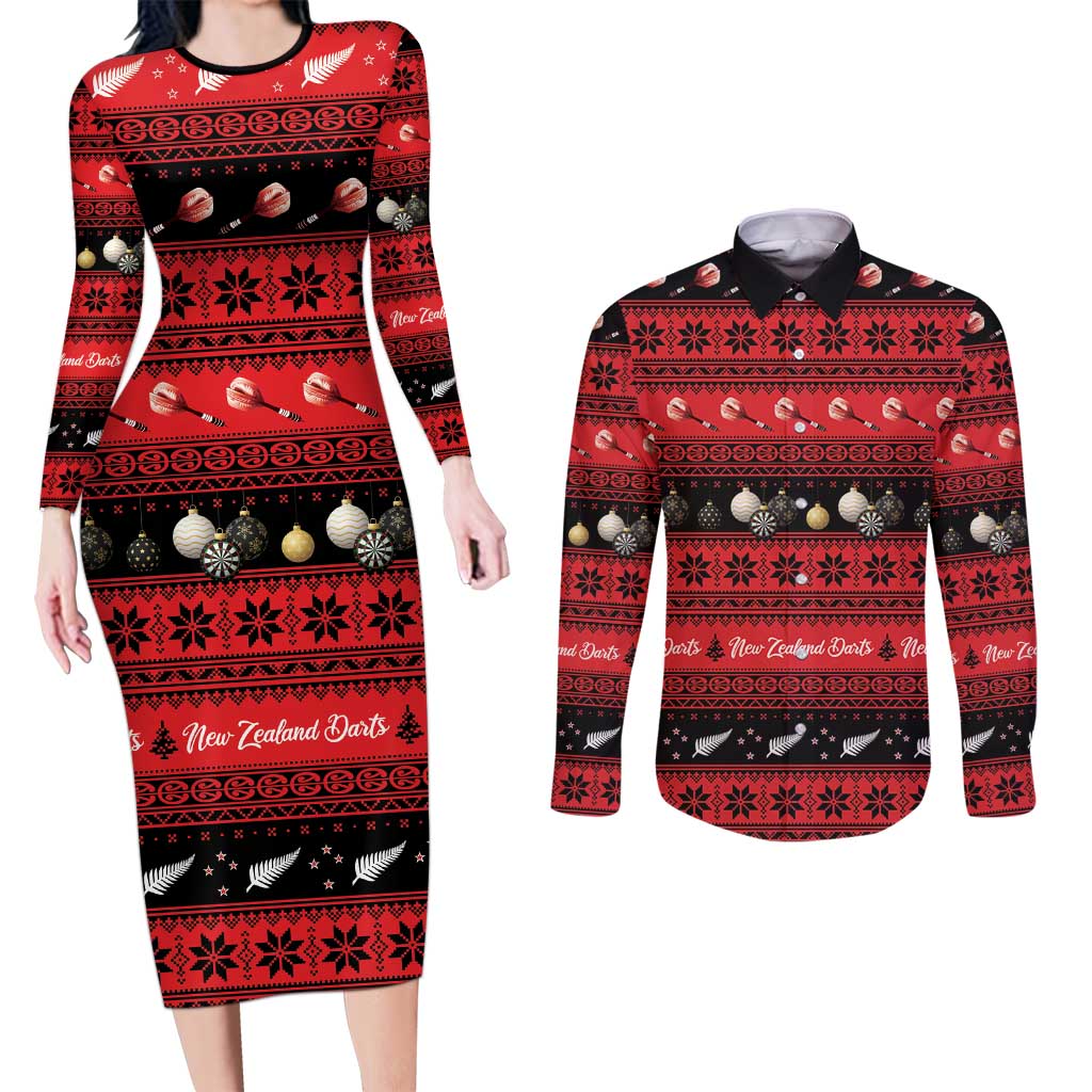 New Zealand Darts Christmas Couples Matching Long Sleeve Bodycon Dress and Long Sleeve Button Shirt Merry Xmas Aotearoa Maori Red LT14 Red - Polynesian Pride