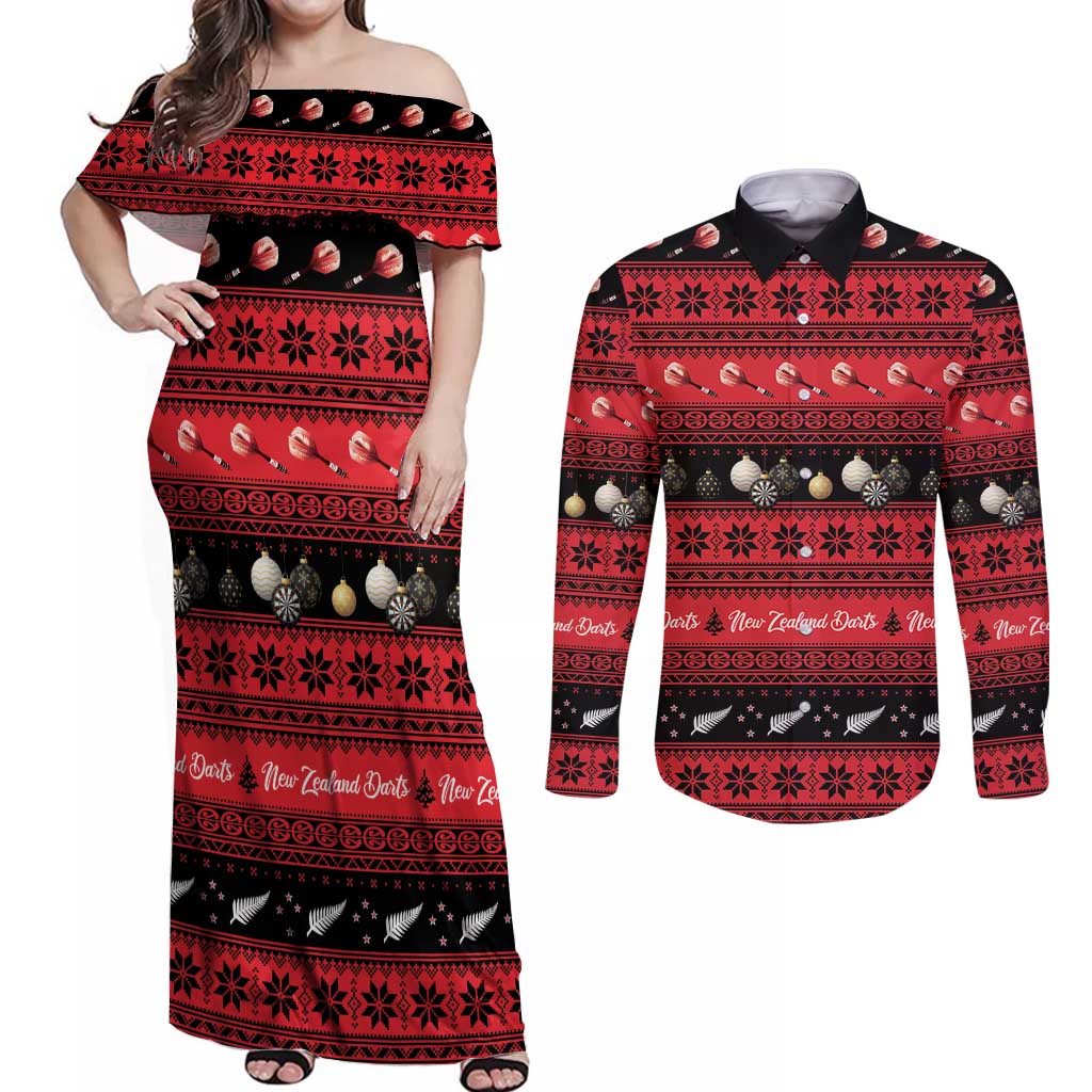 New Zealand Darts Christmas Couples Matching Off Shoulder Maxi Dress and Long Sleeve Button Shirt Merry Xmas Aotearoa Maori Red LT14 Red - Polynesian Pride