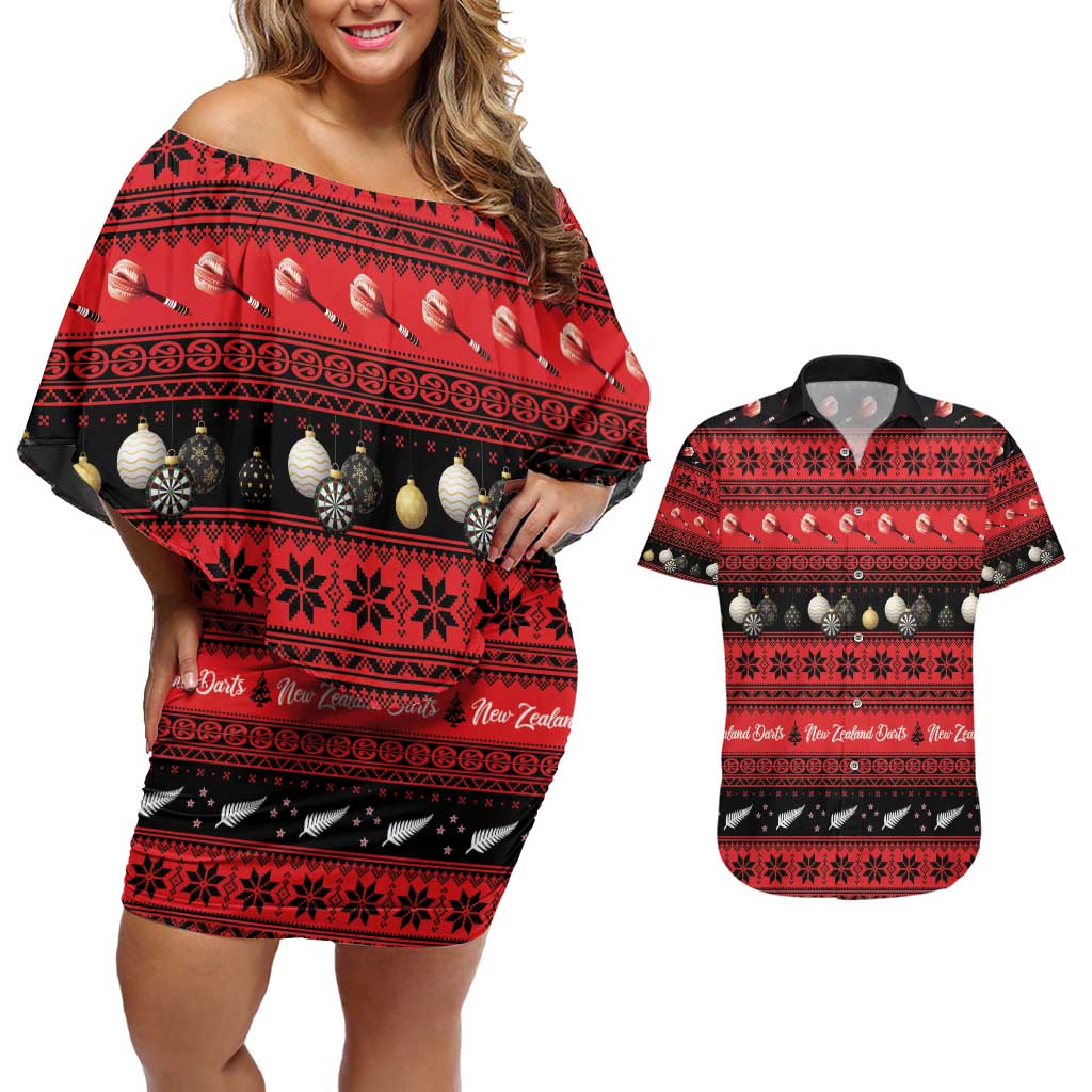 New Zealand Darts Christmas Couples Matching Off Shoulder Short Dress and Hawaiian Shirt Merry Xmas Aotearoa Maori Red LT14 Red - Polynesian Pride