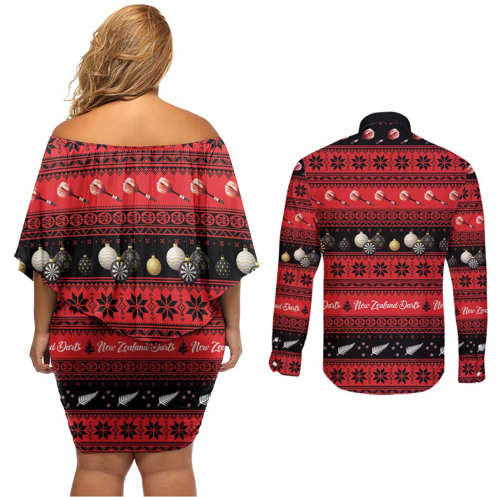 New Zealand Darts Christmas Couples Matching Off Shoulder Short Dress and Long Sleeve Button Shirt Merry Xmas Aotearoa Maori Red LT14 - Polynesian Pride