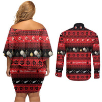 New Zealand Darts Christmas Couples Matching Off Shoulder Short Dress and Long Sleeve Button Shirt Merry Xmas Aotearoa Maori Red LT14 - Polynesian Pride