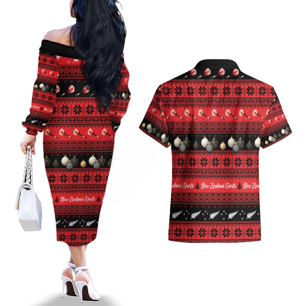 New Zealand Darts Christmas Couples Matching Off The Shoulder Long Sleeve Dress and Hawaiian Shirt Merry Xmas Aotearoa Maori Red LT14 - Polynesian Pride