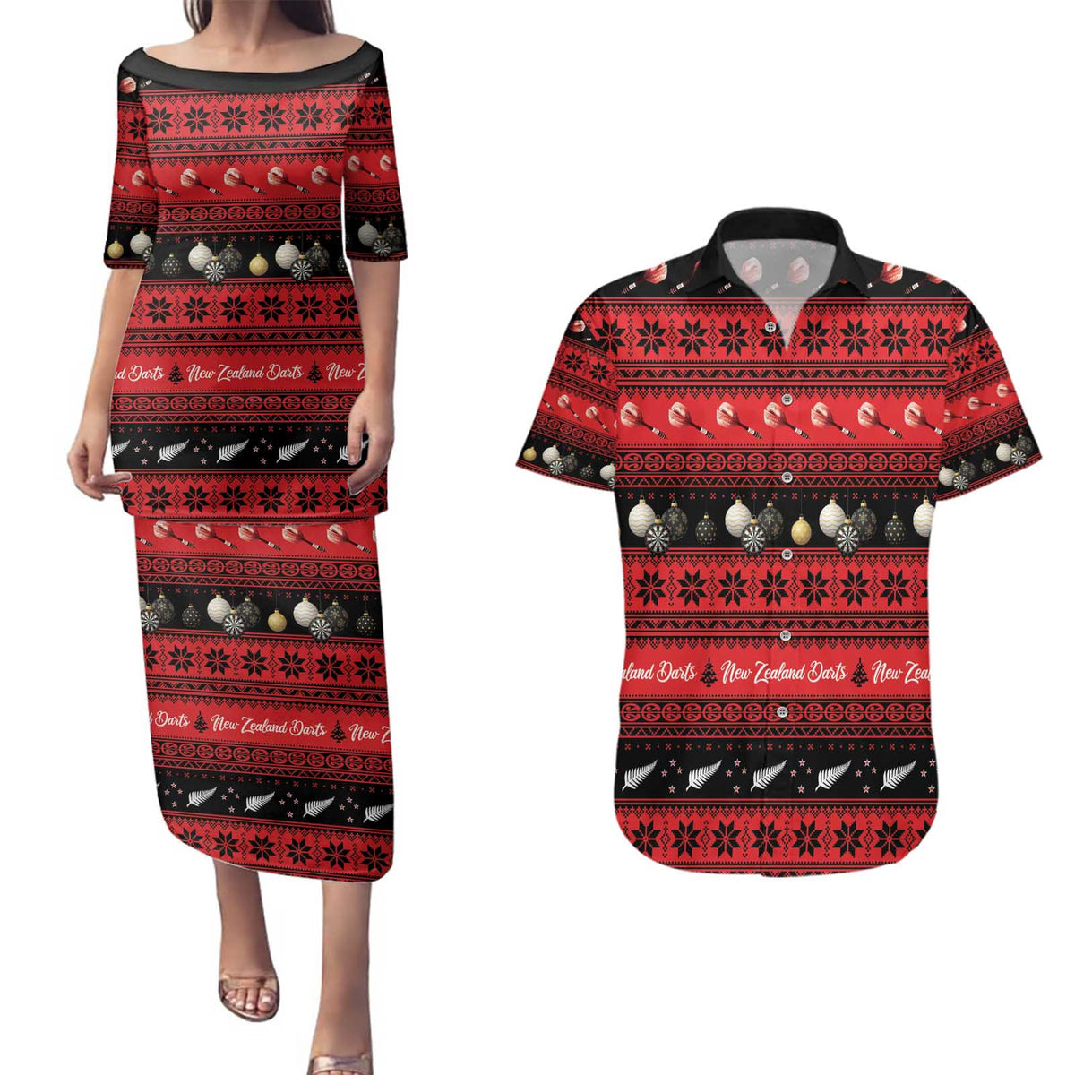 New Zealand Darts Christmas Couples Matching Puletasi and Hawaiian Shirt Merry Xmas Aotearoa Maori Red LT14 Red - Polynesian Pride