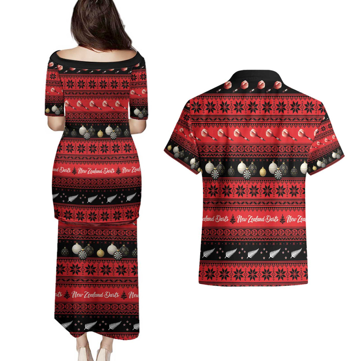 New Zealand Darts Christmas Couples Matching Puletasi and Hawaiian Shirt Merry Xmas Aotearoa Maori Red LT14 - Polynesian Pride