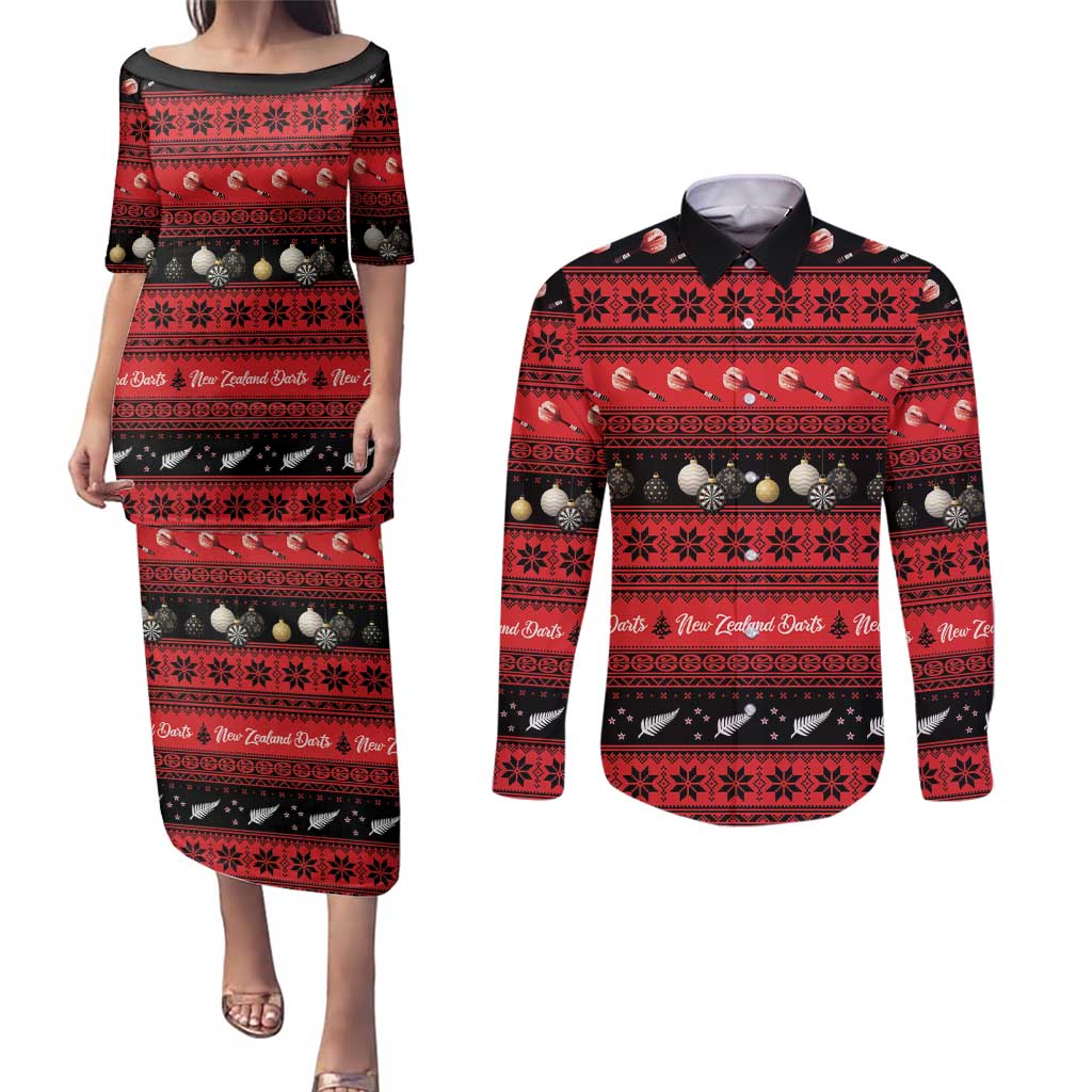 New Zealand Darts Christmas Couples Matching Puletasi and Long Sleeve Button Shirt Merry Xmas Aotearoa Maori Red LT14 Red - Polynesian Pride