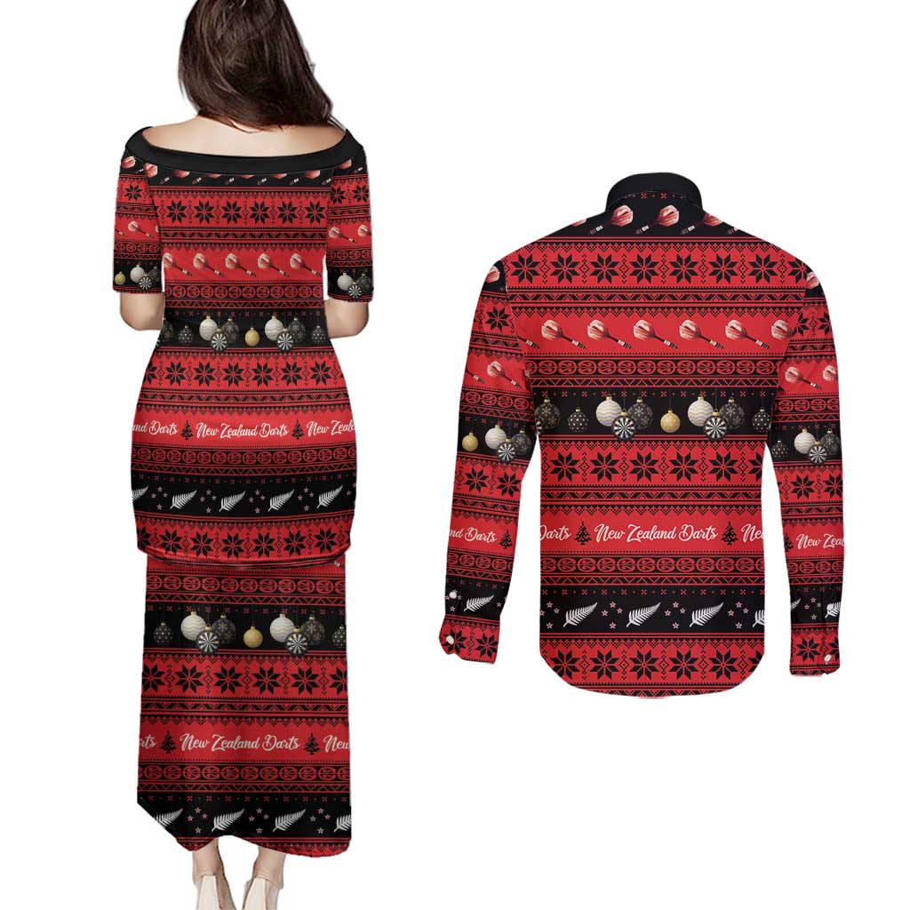 New Zealand Darts Christmas Couples Matching Puletasi and Long Sleeve Button Shirt Merry Xmas Aotearoa Maori Red LT14 - Polynesian Pride