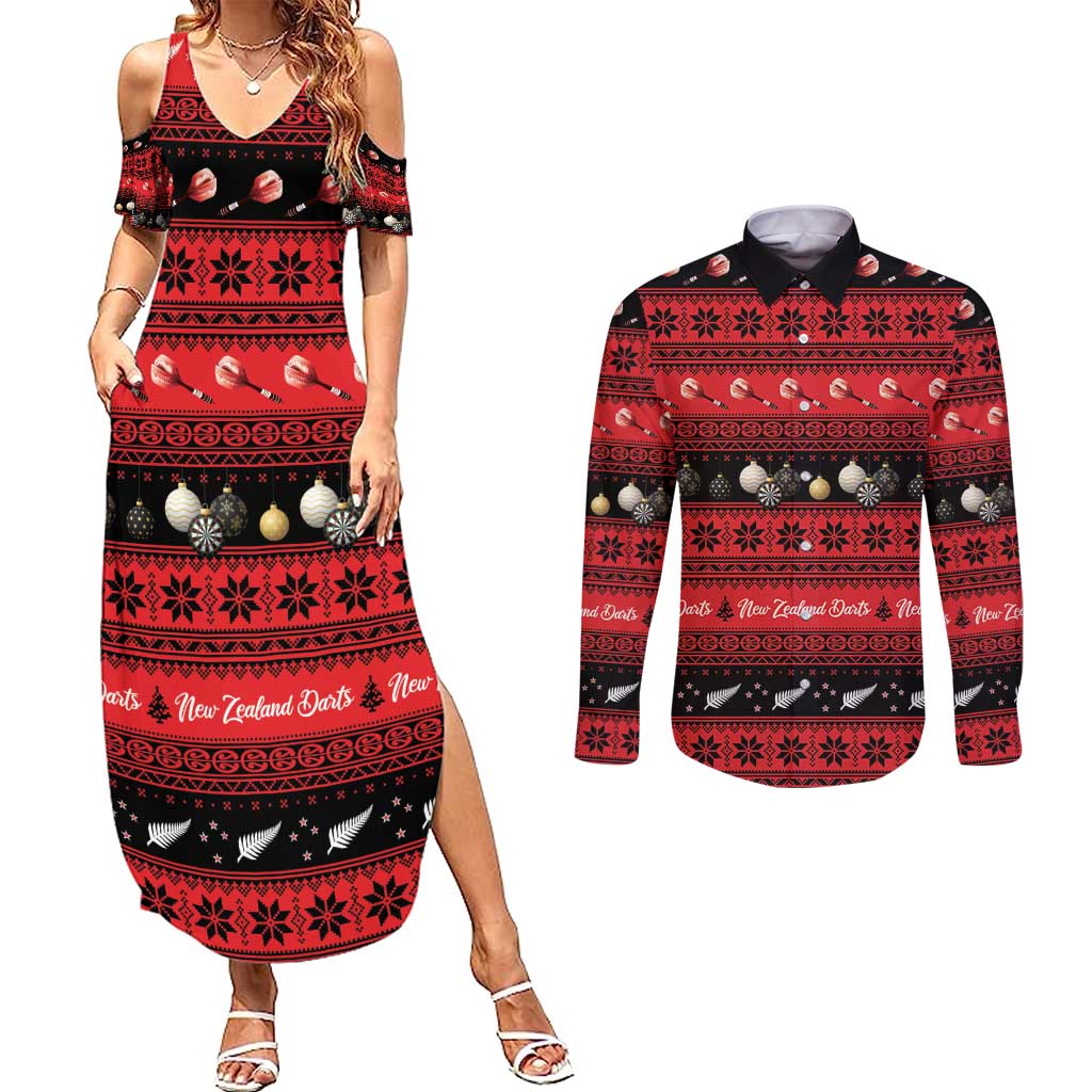 New Zealand Darts Christmas Couples Matching Summer Maxi Dress and Long Sleeve Button Shirt Merry Xmas Aotearoa Maori Red LT14 Red - Polynesian Pride